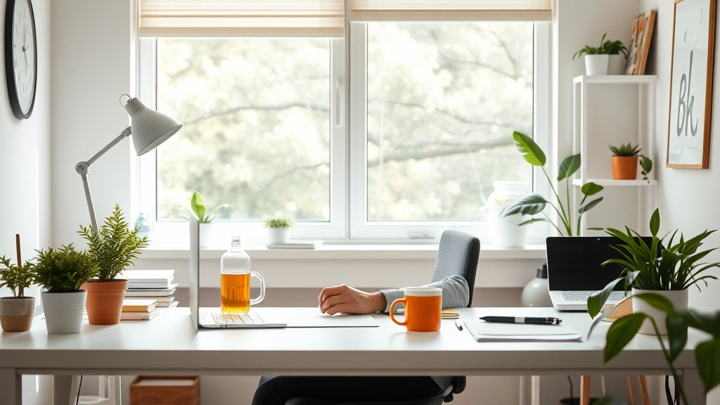 Clean, organized workspace with natural light, minimal desk with plants, warm beverage, and organized materials, person sitting with excellent posture focused on work, embodying environmental optimization for deep concentration