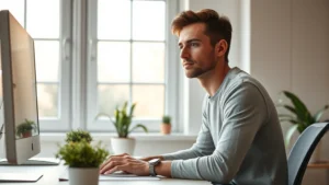 Person sitting at desk with natural light from large window, eyes focused on work with peaceful, concentrated expression, clean minimalist workspace with plants, photorealistic, no screens or text visible