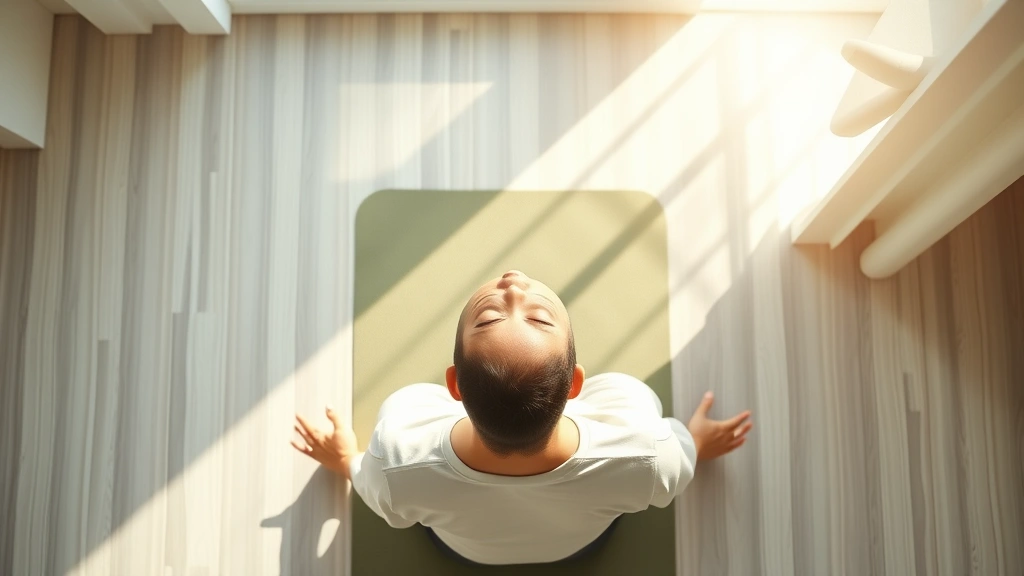 Overhead view of someone meditating on yoga mat in bright room with soft natural lighting, serene facial expression, morning sunlight streaming in, photorealistic, no text or objects with writing