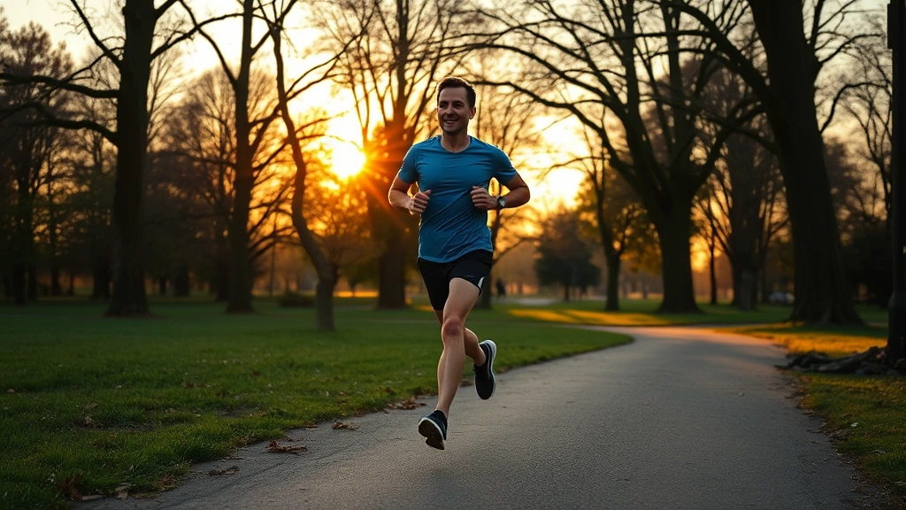 Person jogging through park at sunrise with trees and natural scenery, athletic posture showing movement and energy, clear focused expression, photorealistic, no visible text or signage