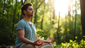 Person meditating in peaceful natural setting, soft sunlight filtering through trees, completely focused expression, hands resting gently on knees, serene forest environment with green foliage