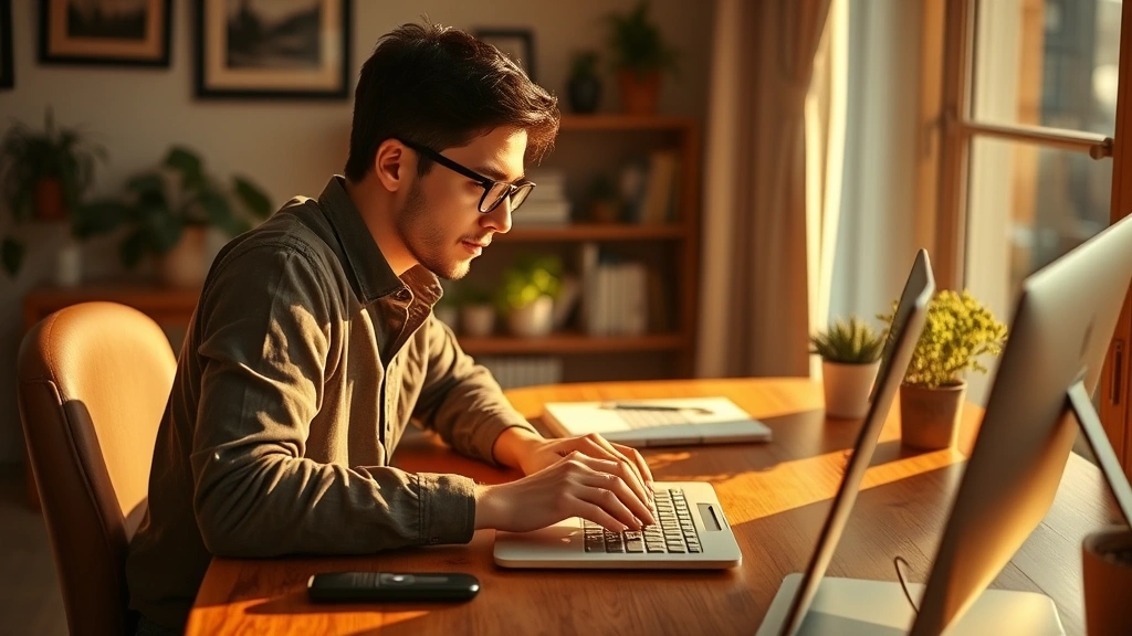 Someone working deeply focused at wooden desk during golden hour, hands typing with concentration, warm natural light, peaceful home office with plants, entirely absorbed in meaningful work
