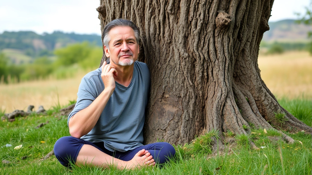 Person practicing grounding technique outdoors, touching tree bark with mindful expression, bare feet on grass, natural landscape background, calm determined face, embodying present-moment awareness