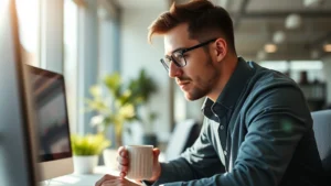 Professional person in modern office deeply focused on computer work, morning sunlight streaming through windows, holding coffee mug, calm concentrated expression, bright and energetic atmosphere