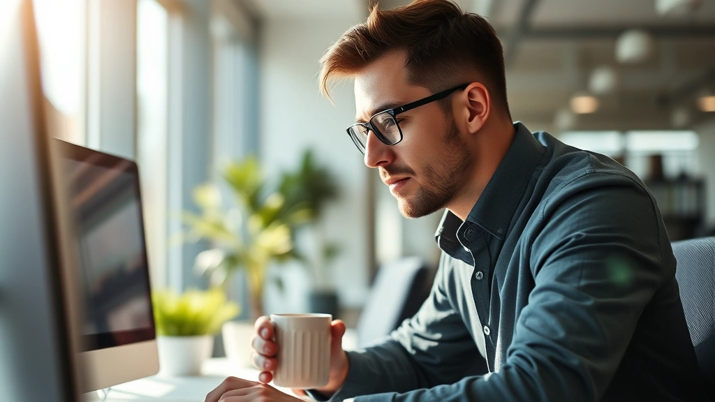 Professional person in modern office deeply focused on computer work, morning sunlight streaming through windows, holding coffee mug, calm concentrated expression, bright and energetic atmosphere