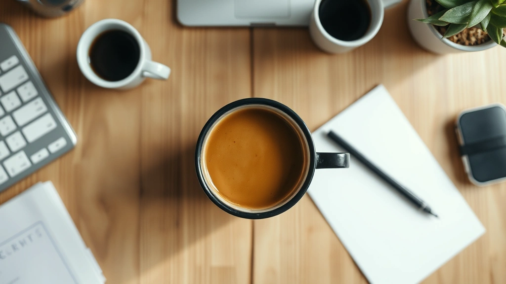 Overhead view of coffee cup on wooden desk with blurred background of workspace, morning setting, natural lighting, minimalist productivity environment