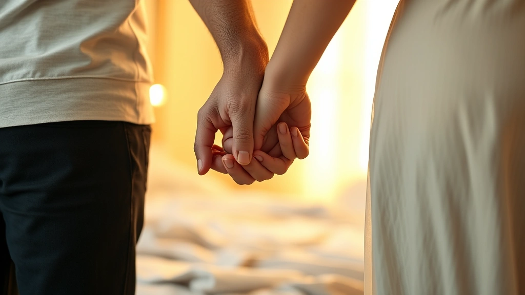 Couple holding hands during intimate moment, soft focus on hands touching, warm bedroom lighting, blurred background suggesting closeness, photorealistic gentle connection