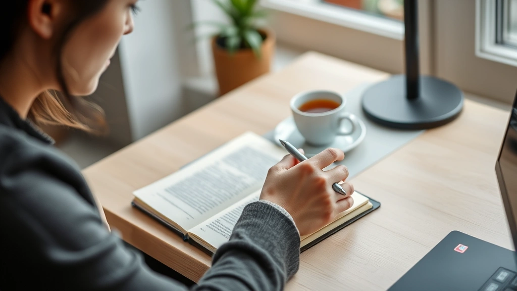 Person writing in journal at desk with cup of tea, thoughtful expression, natural daylight, pen in hand, peaceful workspace, focusing on the reflective moment