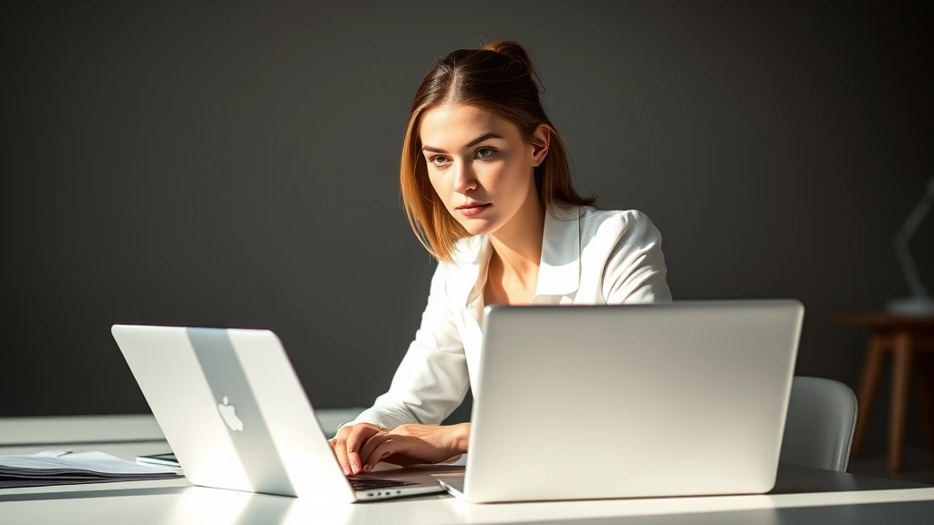 Professional woman sitting at desk with laptop, eyes focused intently, morning natural light streaming through window, calm concentrated expression, minimalist workspace background