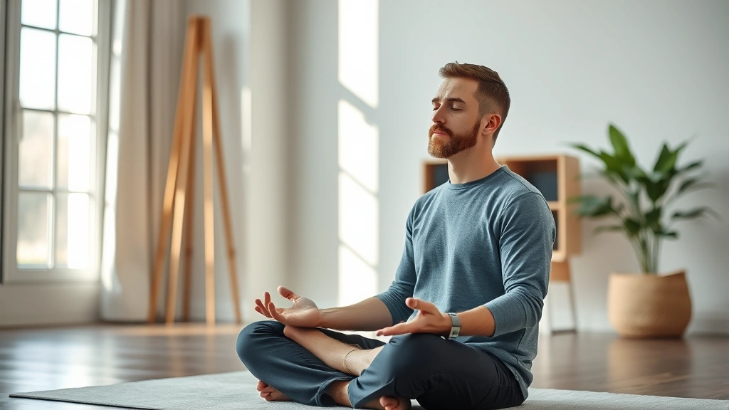 Man meditating peacefully indoors, seated position, calm expression, soft natural lighting, serene environment showing mindfulness practice for cognitive enhancement
