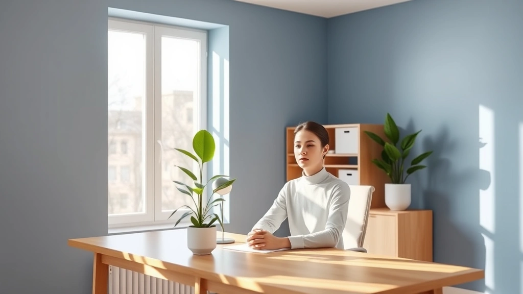 Modern minimalist home office with soft blue walls, natural daylight streaming through large window, green potted plant on wooden desk, person sitting peacefully at desk with hands folded, warm neutral tones, calm focused expression, professional yet comfortable atmosphere
