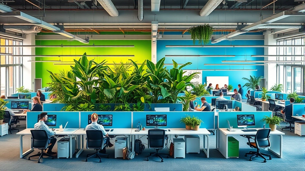 Open-plan workspace with blue and green color zones separated by natural elements, employees working at different stations, lush green plants in background, soft warm-white lighting, diverse professionals concentrating on tasks, plants providing visual separation, modern ergonomic furniture
