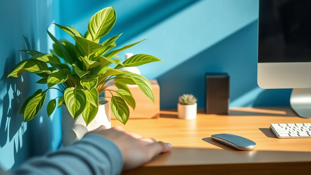 Close-up of serene workspace corner featuring blue-painted wall accent, thriving green plant with detailed foliage, warm wooden desk surface, natural light creating soft shadows, peaceful organized desk setup with minimal items, person's hand resting peacefully, tranquil focused energy