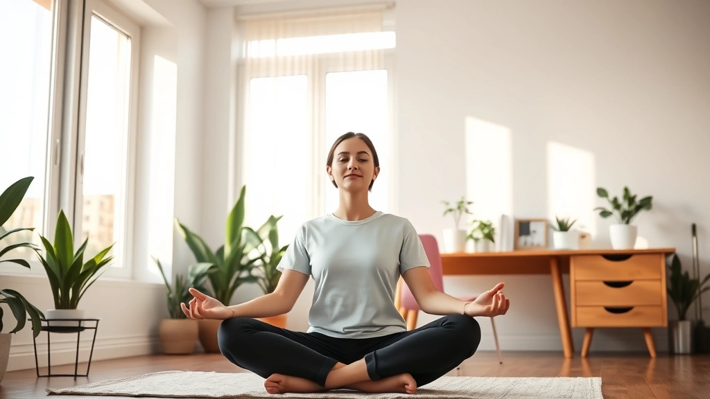 Person sitting in serene meditation pose in minimalist modern home workspace, natural sunlight streaming through windows, peaceful facial expression, surrounded by plants, wooden desk in background, photorealistic professional photography