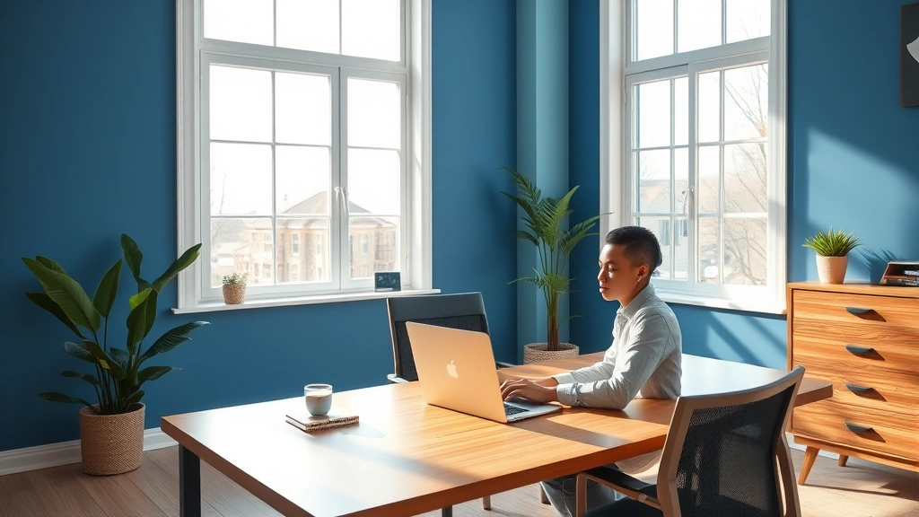 Serene home office with blue accent wall and natural light streaming through large windows, minimalist desk with focused professional working on laptop, calm concentrated expression, warm wooden furniture, no text visible, photorealistic professional workspace