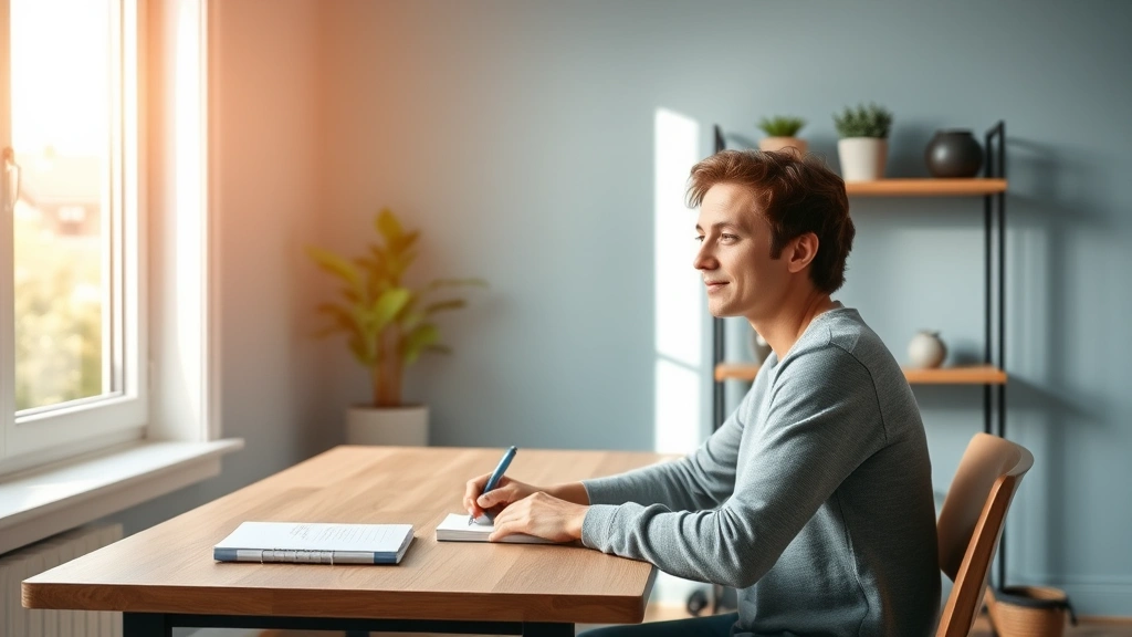 Modern minimalist home office with soft blue painted accent wall, natural light from window, person sitting at wooden desk writing in notebook, peaceful focused expression, plants on shelf, warm afternoon light