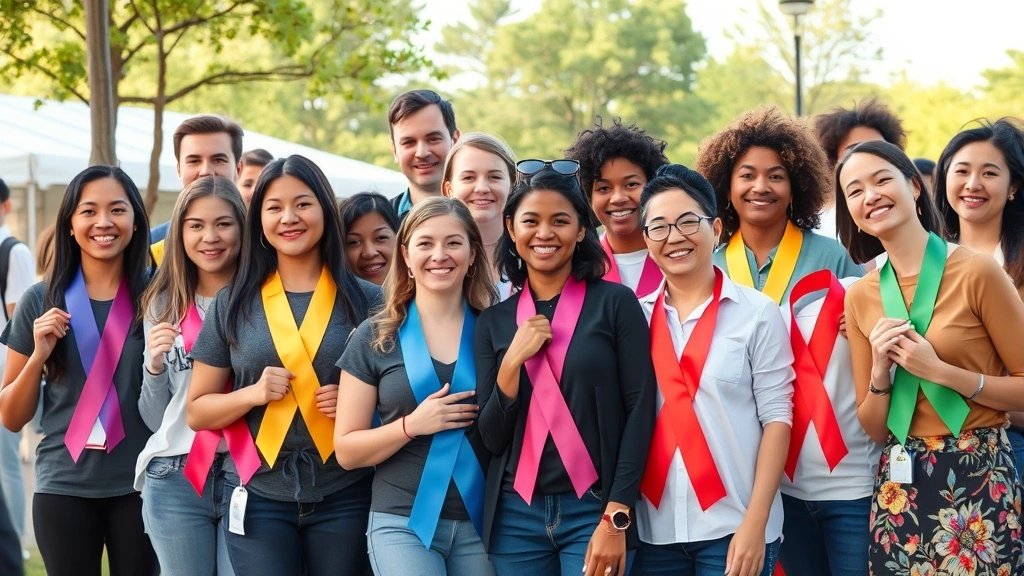 Group of diverse individuals displaying various colored awareness ribbons at community mental health event, outdoor setting, natural lighting, candid moment of solidarity