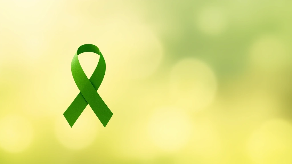 Close-up of green ribbon symbol against soft blurred background suggesting wellness and growth, photorealistic texture, peaceful natural tones, no text or letters