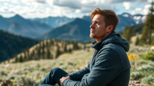 Person sitting outdoors in Colorado mountain landscape, eyes focused peacefully on horizon, natural lighting, serene concentration expression, no text or devices visible