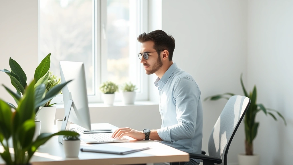 Individual in bright, minimalist workspace with plants, engaged in focused work at desk, natural window light streaming in, calm professional environment, photorealistic