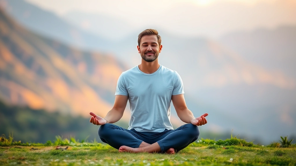 Person meditating in peaceful natural setting with mountains blurred in background, cross-legged posture, calm facial expression, golden hour lighting, no props or text