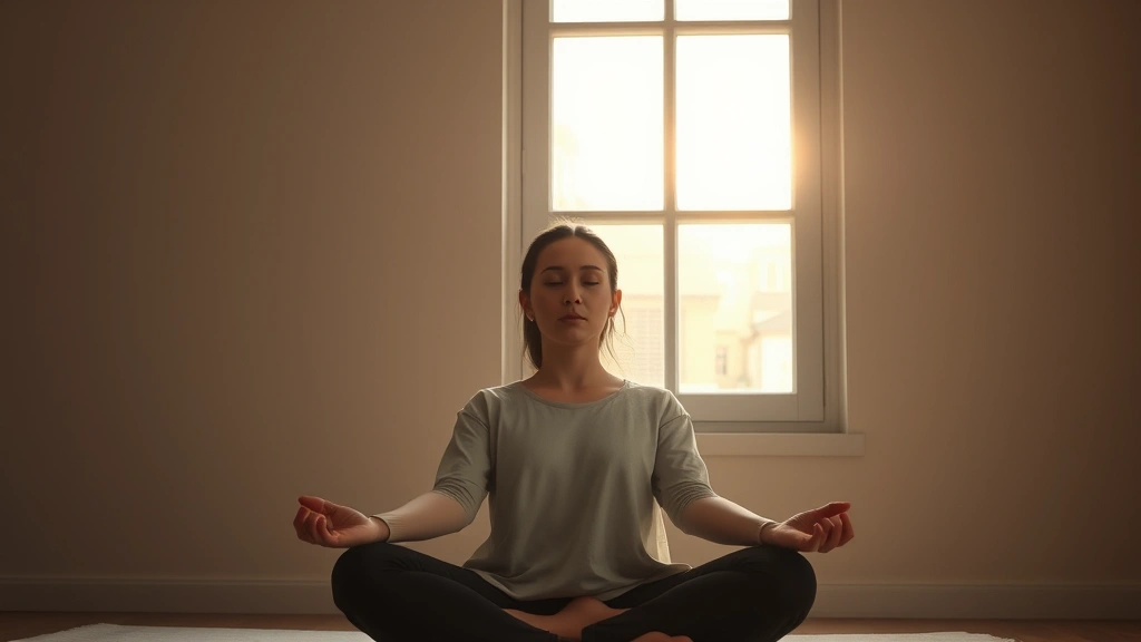 Person in serene meditation pose by a window with natural light, calm facial expression, minimalist peaceful indoor environment, photorealistic, soft warm lighting, focused peaceful demeanor