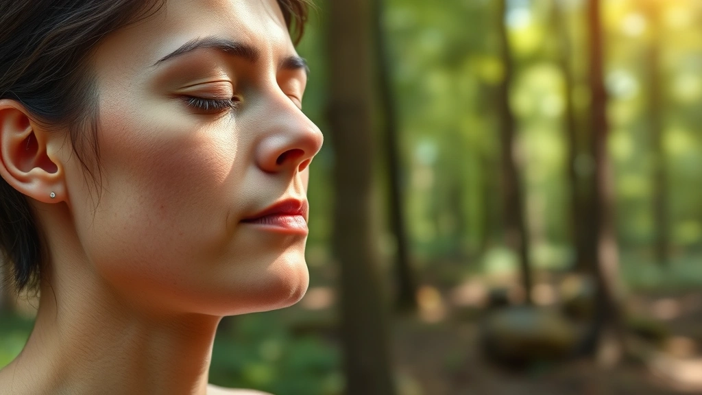 Close-up of someone meditating outdoors in nature, forest or garden setting, eyes closed in peaceful concentration, natural daylight, professional photorealistic quality, tranquil expression