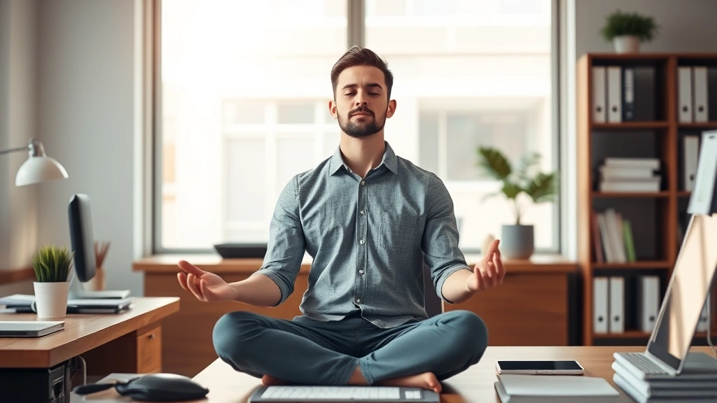 Adult meditating at desk in modern workspace, sitting upright with peaceful posture, bright natural office lighting, focused calm demeanor, contemporary professional environment, photorealistic
