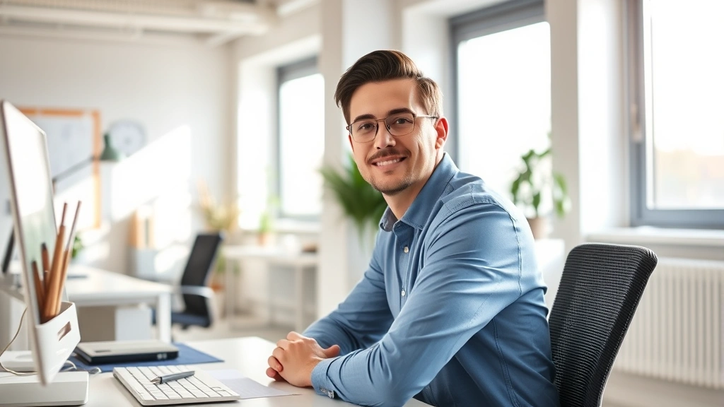 Professional in bright, naturally-lit office workspace, sitting at clean desk with focused expression, morning sunlight streaming through windows, calm concentrated posture, no screens visible with text