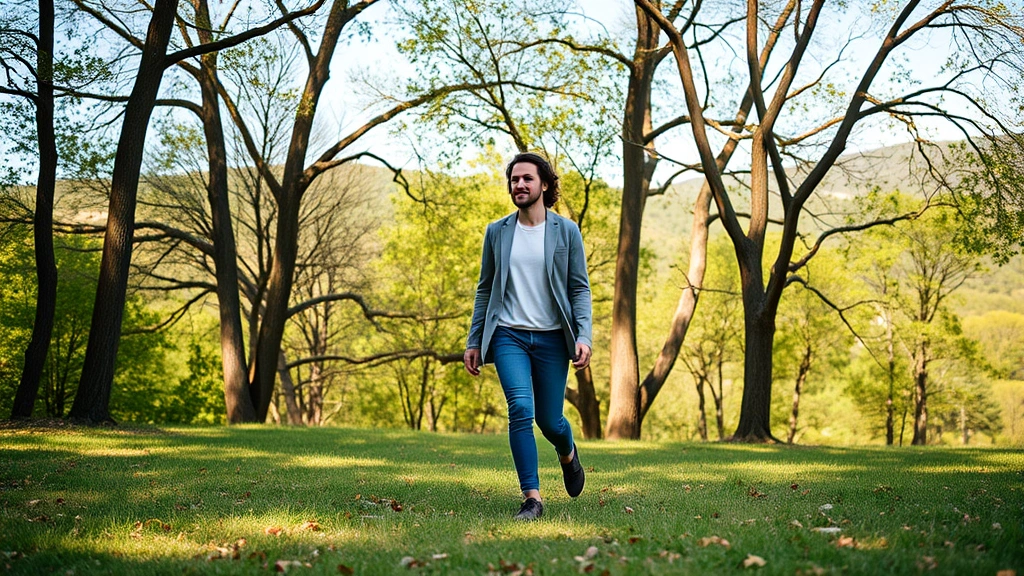 Person walking outdoors in nature during work break, trees and natural landscape background, peaceful expression, movement suggesting stress relief and mental restoration, outdoor wellness setting