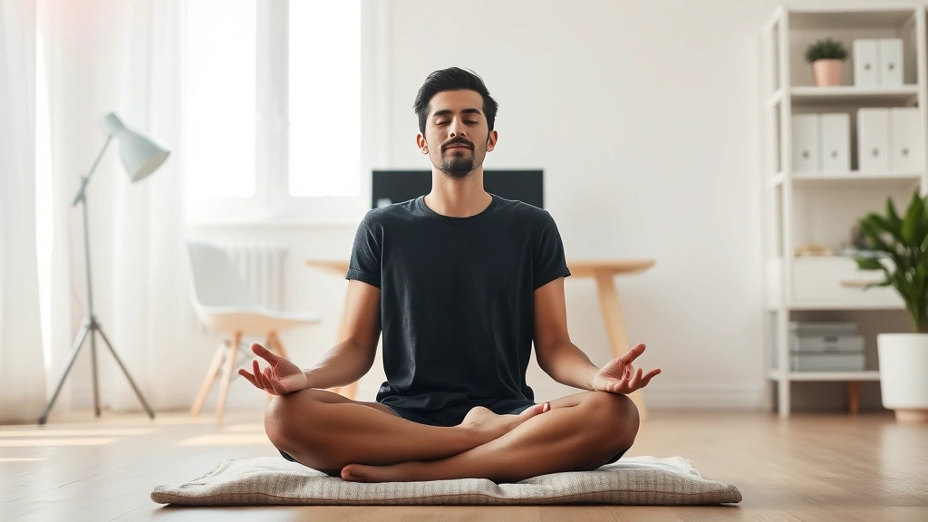 Individual meditating in minimalist home office, sitting upright on floor cushion, serene indoor environment with soft lighting, hands in meditation position, calm focused expression, zen workspace aesthetic