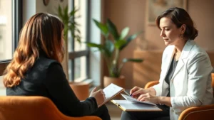 Professional therapist in modern office taking detailed notes during client session, focused expression, natural lighting, warm earth tones, contemporary furniture, no visible client or identifying information