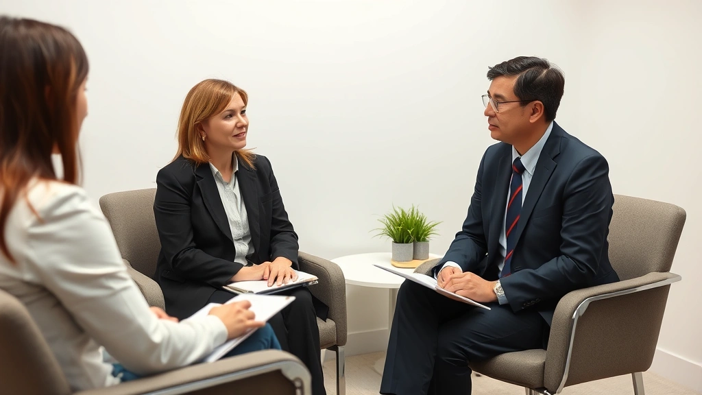 Clinical supervision session between two mental health professionals in consultation room, both focused on case discussion, professional attire, neutral background, collaborative body language, no documents or writing visible