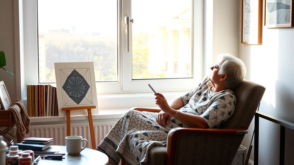 Person sitting in comfortable chair by window with afternoon light, coloring geometric designs, relaxed posture, coffee cup nearby, serene home environment, artistic supplies visible
