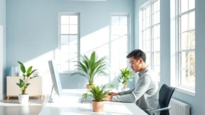 Serene minimalist workspace with soft blue walls and natural light streaming through large windows, professional person concentrating at desk with green plant nearby, calm focused expression, neutral clothing, no visible text or screens, photorealistic high quality