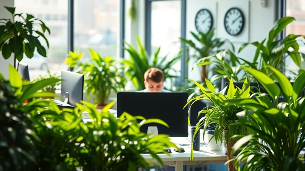 Biophilic workspace interior featuring living green plants surrounding a work desk, natural daylight illuminating the space, soft shadows creating depth, person in background slightly blurred, clean modern aesthetic, no clocks or digital displays visible, professional photography style