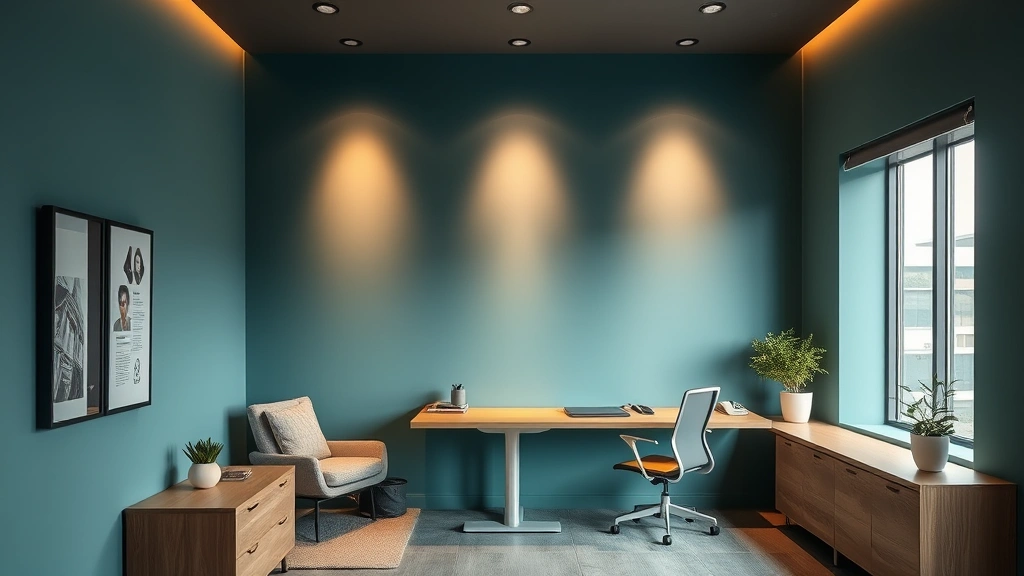 Modern office nook with teal-colored accent wall, comfortable ergonomic setup, natural materials like wood and stone, subtle warm lighting creating balanced ambiance, empty workspace ready for focused work, no technology screens or written content visible, contemporary interior design