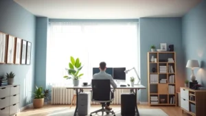 Serene home office with soft blue walls and natural light streaming through large window, professional desk setup with plant, minimalist aesthetic, person sitting focused on work, warm ambient lighting