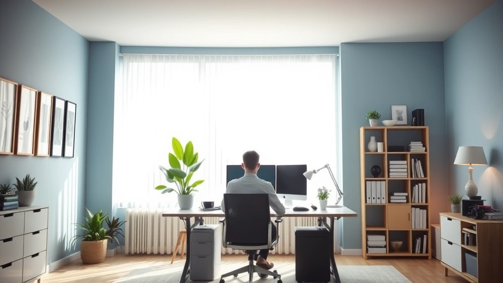 Serene home office with soft blue walls and natural light streaming through large window, professional desk setup with plant, minimalist aesthetic, person sitting focused on work, warm ambient lighting