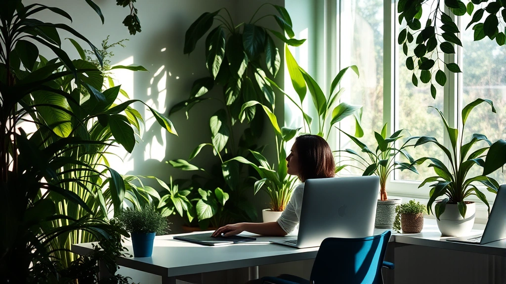 Vibrant green indoor plant-filled workspace with neutral desk, morning sunlight creating shadows on walls, peaceful garden-like environment, organized workspace with blue accents, person in deep concentration