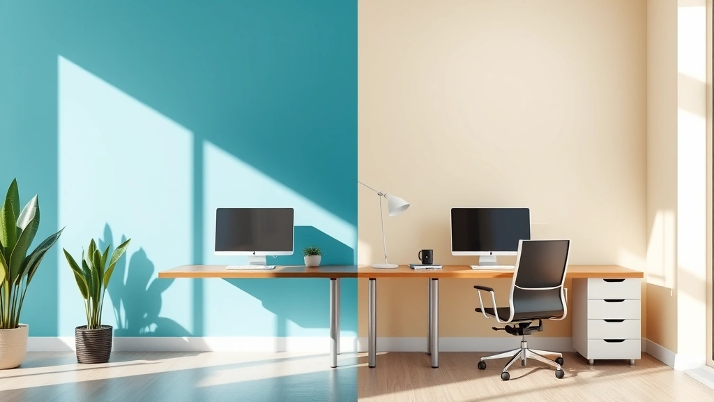 Modern split-screen workspace showing blue-green color scheme on left side and warm neutral tones on right, demonstrating color layering technique, natural daylight illuminating both spaces, professional yet comfortable atmosphere