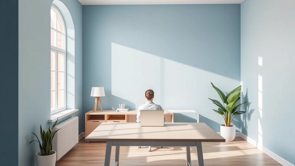 Serene modern workspace with soft blue walls and neutral desk, minimalist design, natural window light, person sitting focused on work, peaceful atmosphere, photorealistic, professional environment
