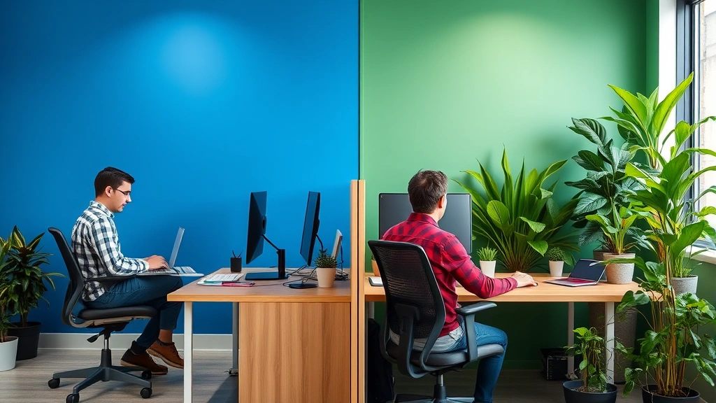 Split workspace showing blue accent wall with focused person working analytically on left side, green plant area with creative person on right side, demonstrates color psychology application, photorealistic, professional