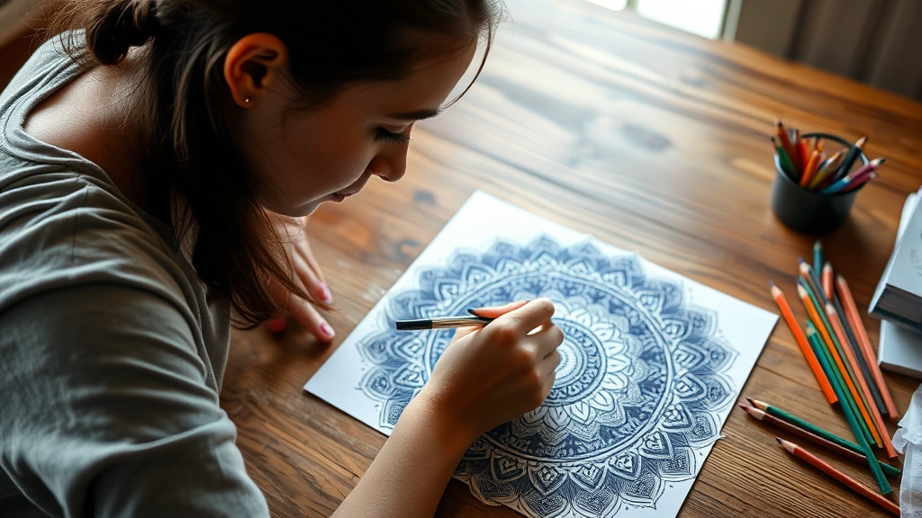 Person concentrating intently while coloring an intricate mandala pattern with colored pencils at a wooden desk, hands visible in focused motion, natural lighting from window, peaceful expression