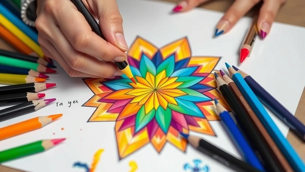 Close-up of hands carefully applying vibrant colors to a detailed geometric pattern, colored markers and pencils scattered on white paper, showing precision and concentration