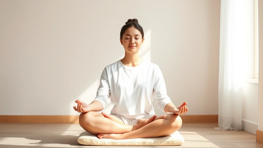 Person meditating peacefully in bright natural light, sitting cross-legged on cushion, serene expression, hands in meditation position, sunlight streaming through window, calm neutral background