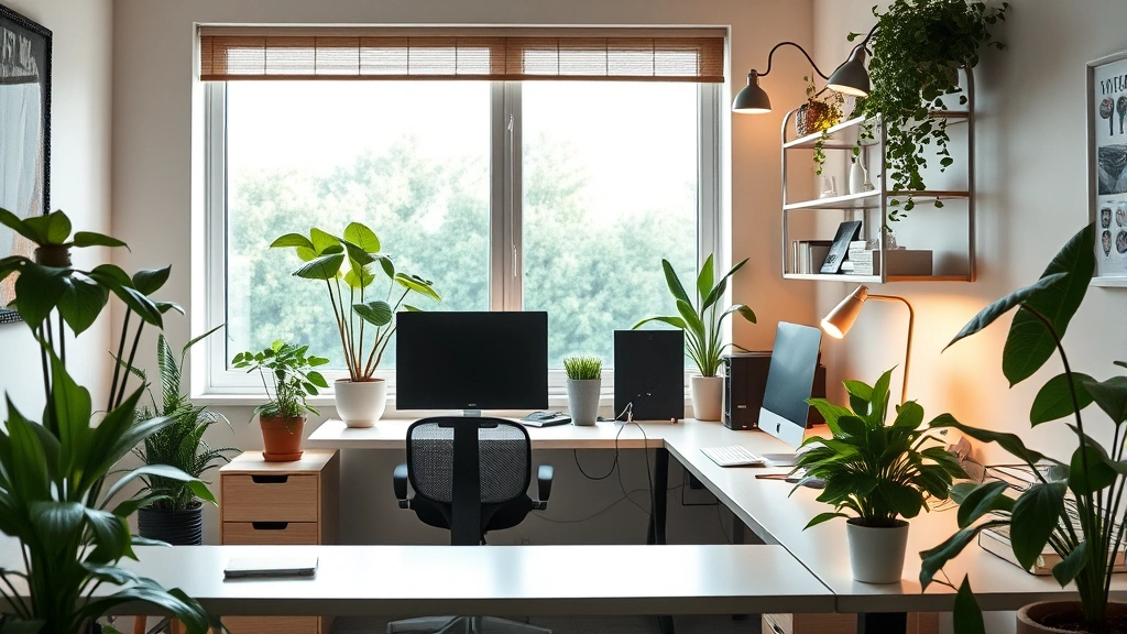 Modern workspace with plants, natural light, organized desk, ergonomic chair, minimal clutter, green leaves visible, warm ambient lighting, professional yet calming environment