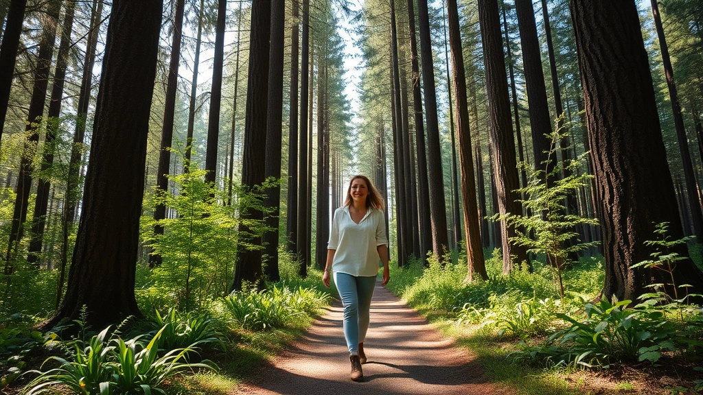 Woman walking through forest path, surrounded by tall trees and greenery, natural sunlight filtering through canopy, peaceful expression, active but relaxed posture, nature setting