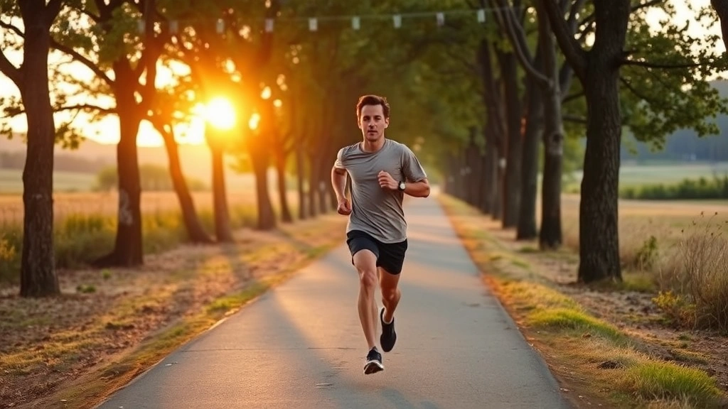 Person jogging outdoors on tree-lined path during golden hour, athletic movement, determined expression, natural landscape background, photorealistic, no text or time indicators