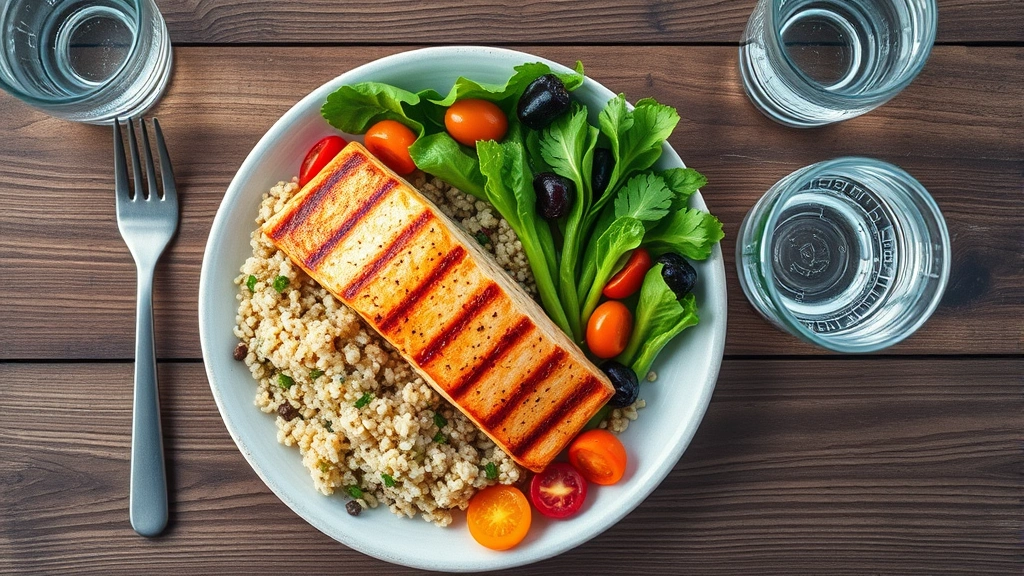Overhead view of healthy meal with grilled salmon, quinoa, vegetables, water glass, wooden table setting, fresh and vibrant, photorealistic, no labels or text visible